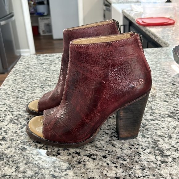 Bed Stu Onset Bootie Womens Size 9 Burgundy Leather Open Toe Block Heel Rustic - Picture 3 of 10